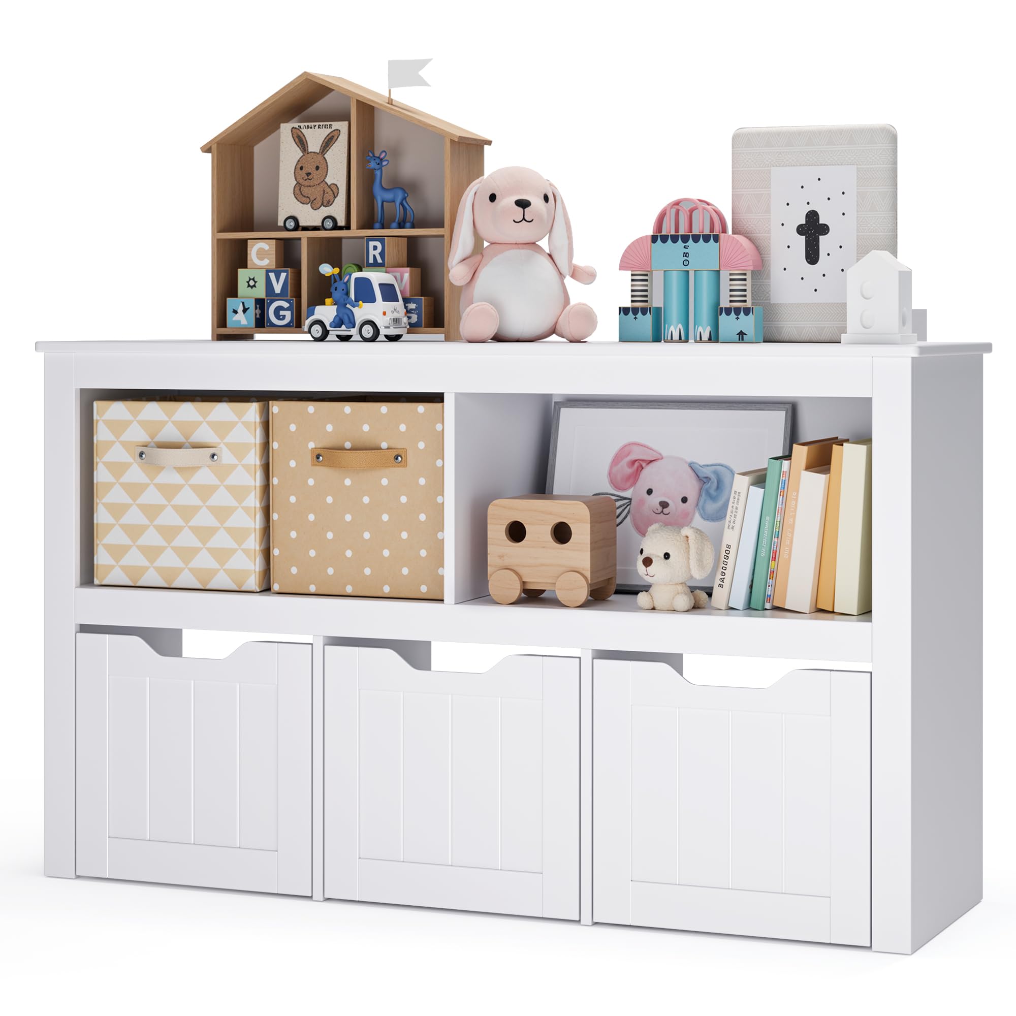 Armadietto per Riporre Giocattoli per Bambini, Libreria in Legno con 3 Cassetti con Ruote, 2 Scomparti Aperti, per Soggiorno, Camera da Letto e Stanza dei Giochi, 102 x 30 x 60 cm (Bianco)