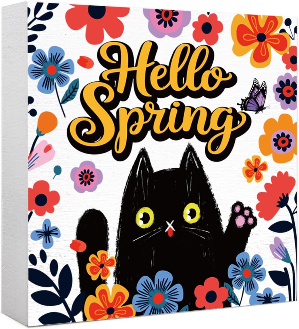 Spring Themed Black Cat Wooden Box Sign, Hello Spring Wood Block Sign for Home Kitchen Cubicle Decor Tiered Tray Desk Shelf Tabletop Decor 5 X 5 Inches