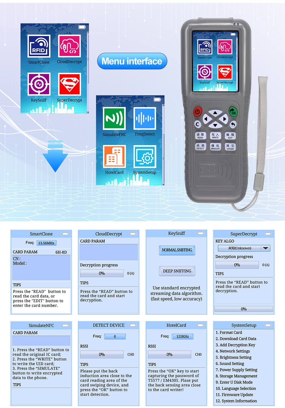RFID WiFi CopyKey Fonction de décodage complet Copieur/lecteur/écrivain Programmateur de carte NFC Duplicateur de cartes + porte-clés T57, carte UID, OTG