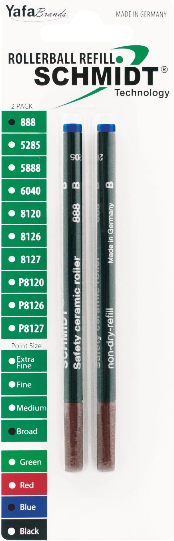 Schmidt 888 Ceramic Rollerball Plastic Tube Refill Broad Point 1.0mm, Blue, 2 Pack Blister (SC58114) | German-Engineered Capless Refill for Bold Writing | Universal Fit for Rollerball Pens
