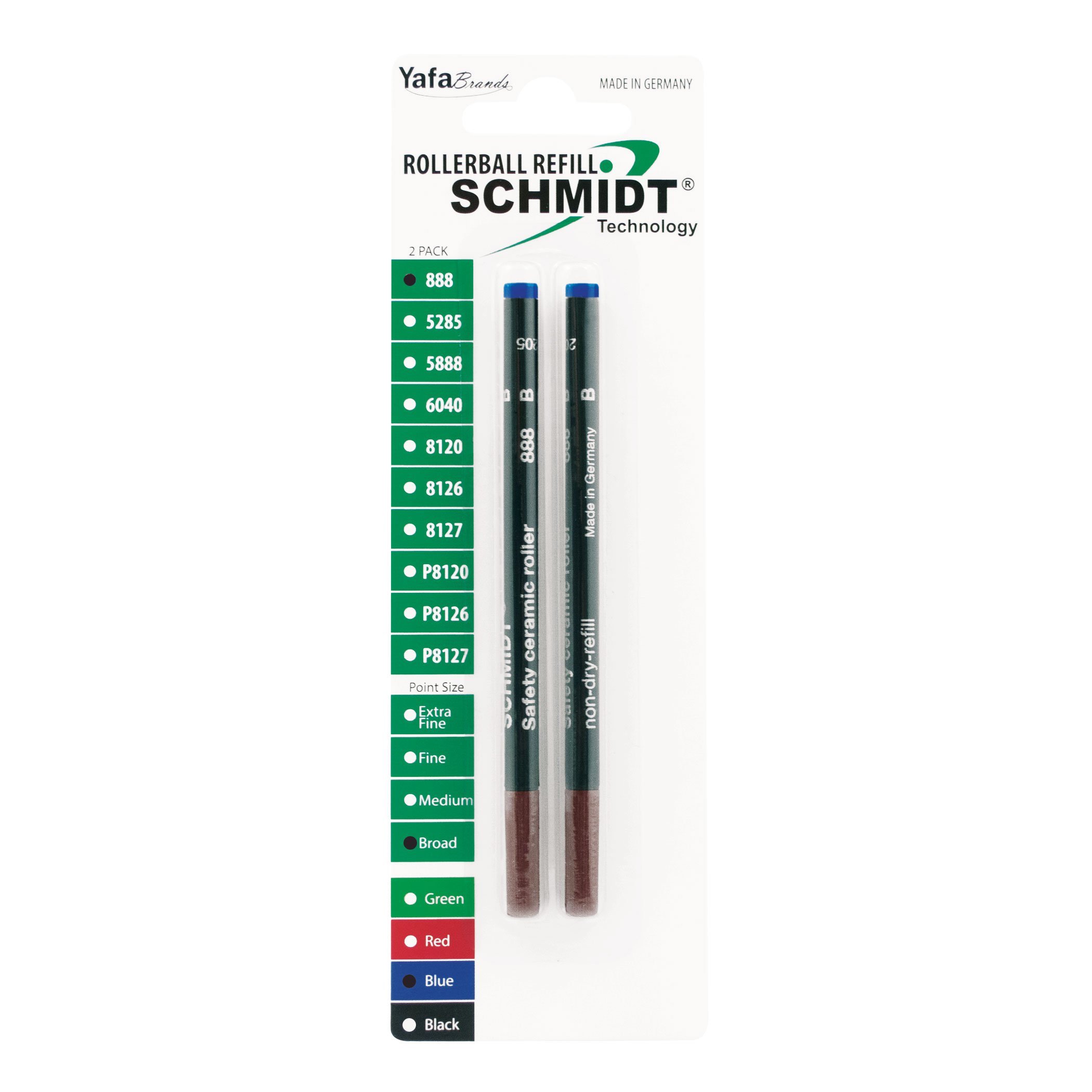 Schmidt 888 Ceramic Rollerball Plastic Tube Refill Broad Point 1.0mm, Blue, 2 Pack Blister (SC58114) | German-Engineered Capless Refill for Bold Writing | Universal Fit for Rollerball Pens