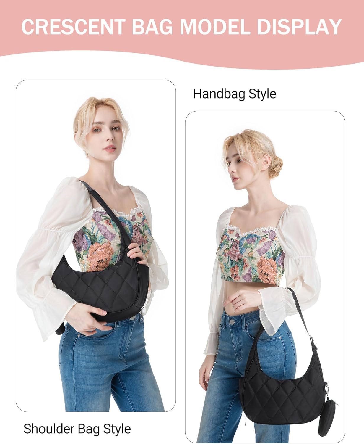 BAVERGE Nylon Crescent Bag Women Small Quilted Shoulder Purse Women's Hobo Handbag with Coin Wallet Mini Tote - Image 2