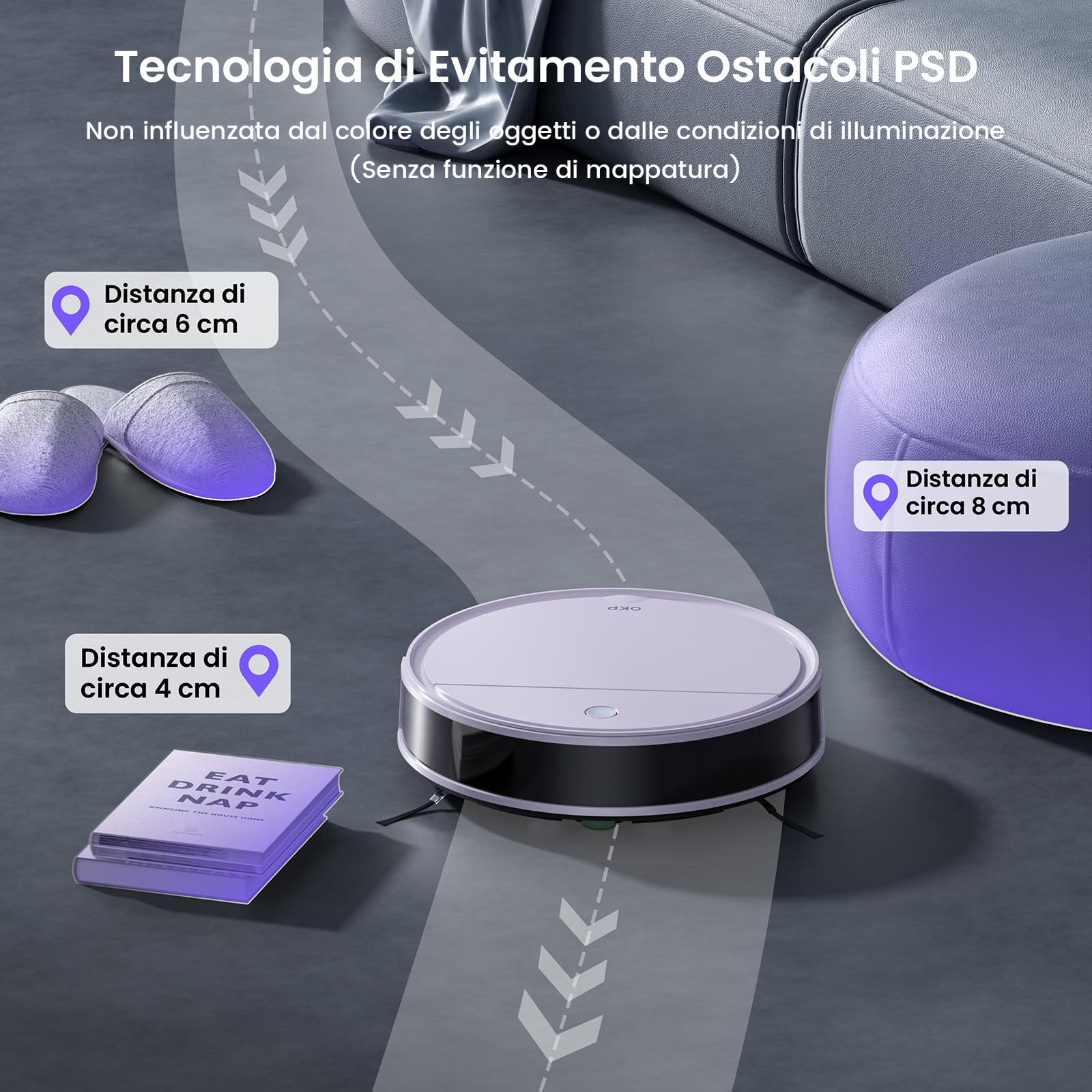 OKP K5 Pro Viola dell'Alba Robot Aspirapolvere, Potenza 5000Pa, Ideale per Peli di Animali, 180 Minuti di Autonomia, Precisione nell'Evita Ostacoli, App/Alexa/Telecomandi, Adatto per Pavimenti Duri