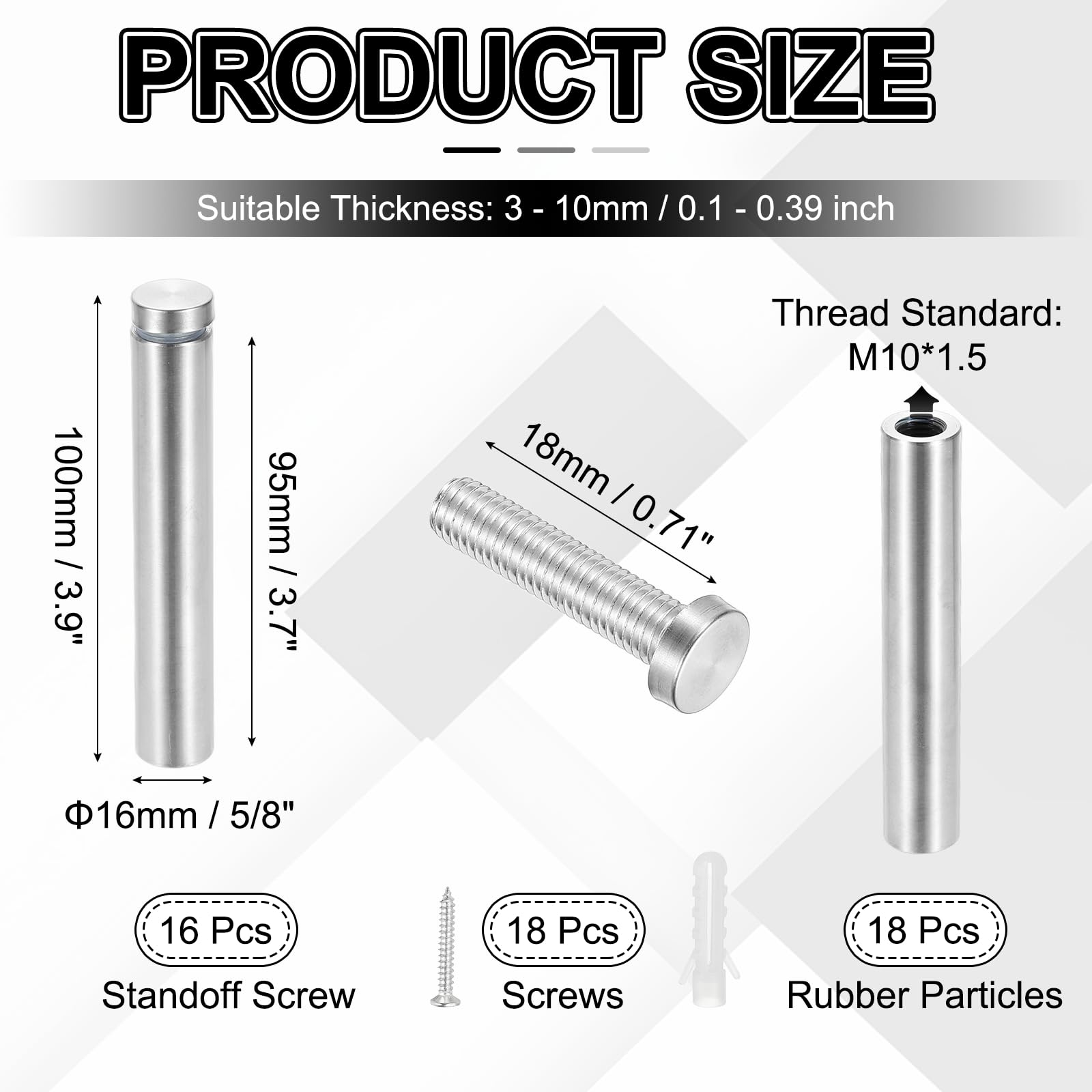 PATIKIL 5/8x3.9" Viti Con Distanziale, 16 Pezzi Montaggio A Parete In Acciaio Inox Hardware Per Montaggio Insegne Pubblicitarie Chiodi Distanziali Per Appendere Insegne Acriliche, Argento