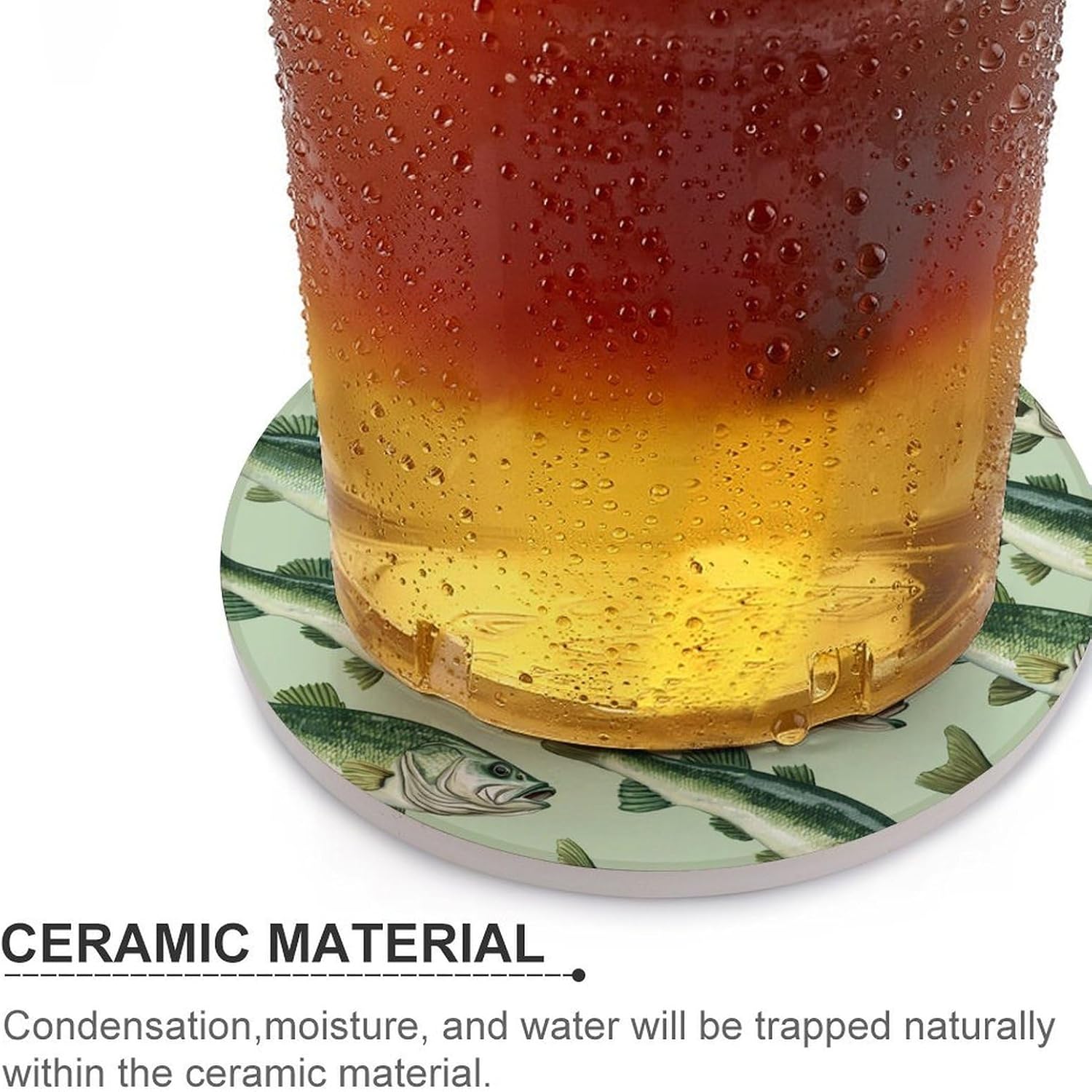 Bass Fish Round Ceramic Coasters for Drinks Absorbent Cup Holder Tabletop Protector with Cork Base