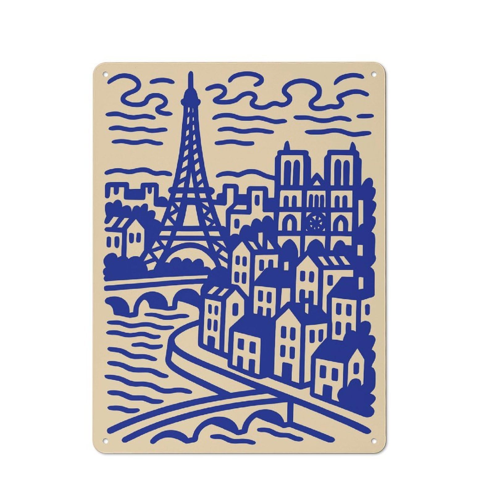Junmoney Style-2 Paris Cityscape Illustration In Blue Rustic Tin Sign 40X30cm For Café Or Home Bar, Suited To Hospitality Decor Collectors