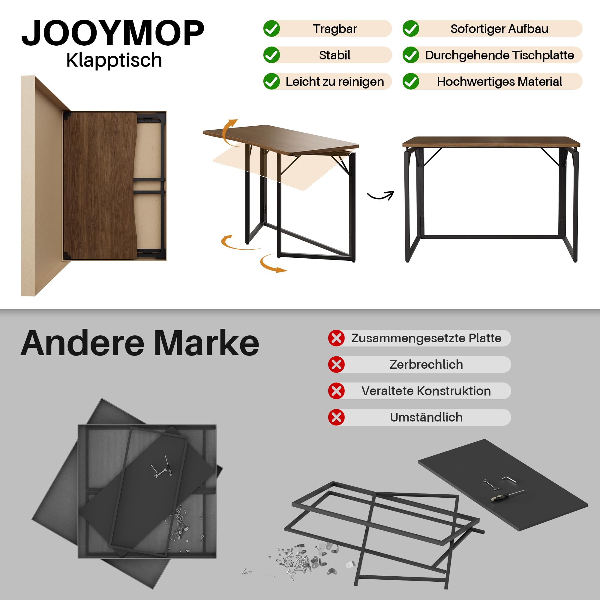 JOYMOOP 80 cm Klappschreibtisch – Braun, Keine Montage, Kleiner Faltbarer Schreibtisch für Zuhause, Büro, Holzplatte, klappbarer Computertisch zum Arbeiten, Schreiben, Lernen