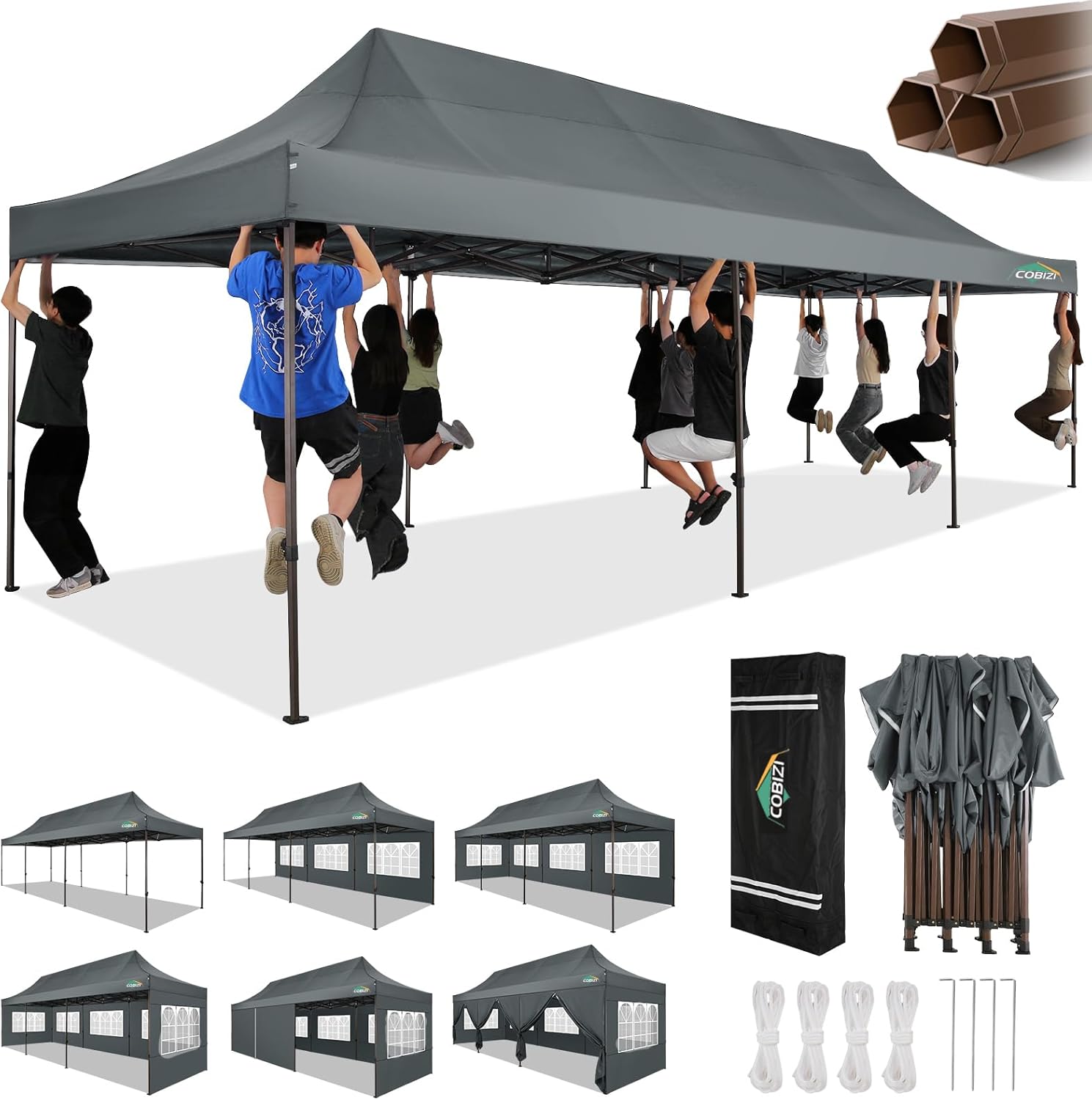 COBIZI 10x30 Pop Up Canopy Tent Heavy Duty with 8 Removable Sidewalls, Commercial Portable Tents for Parties Ez Up Canopy All-Weather Windproof & Waterproof and UPF 80+ Wedding Tent Sun Shelter Gray 10x30FT
