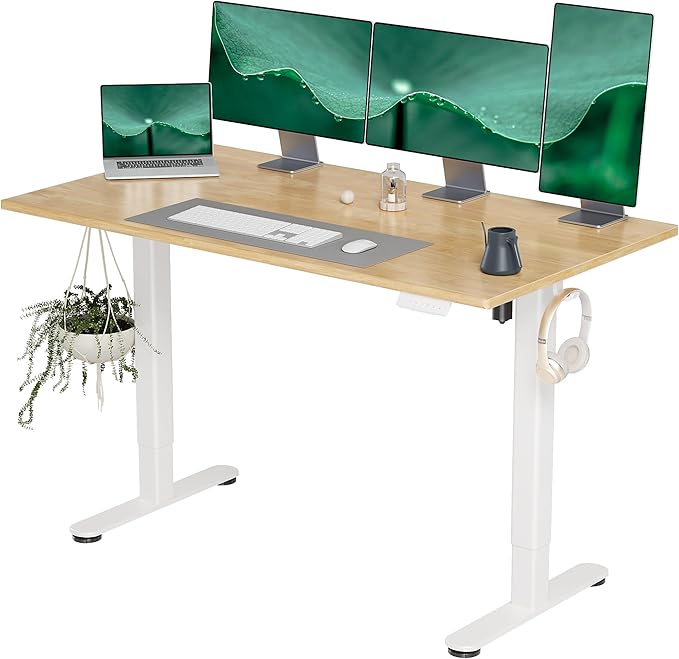 Solid Wood Electric Standing Desk, 55x24 Inches Adjustable Height Stand up Desk with Whole Piece Desktop, Sit Stand Home Office Desk White Frame/Nature Top