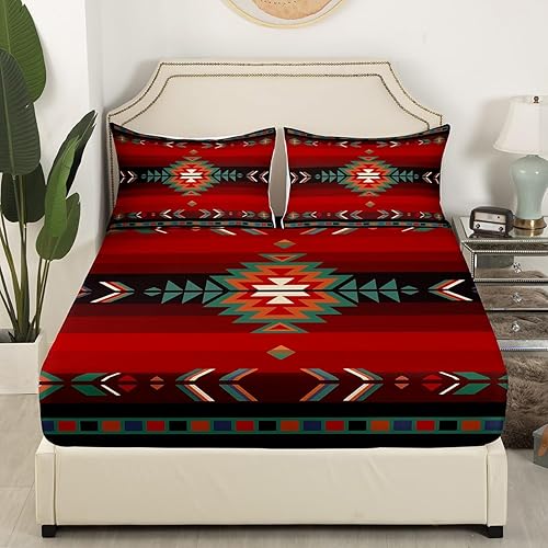 Miniatura 2 de Juego de sábanas de tamaño Queen con diseño nativo del suroeste para niños y niñas, sábana bajera ajustable geométrica del suroeste para niños,