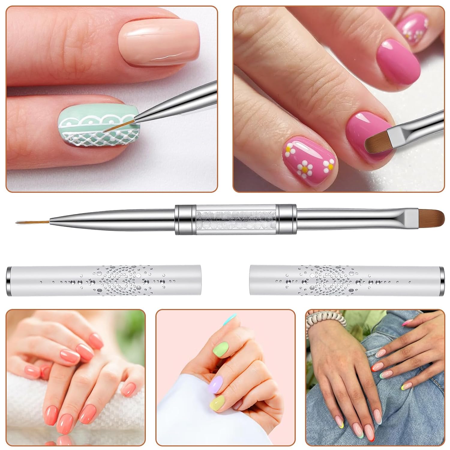 Sibba 3 PCS Double Ended Nail Art Brushes Set French Manicure Art Brushes Nails Design Detailing Painting Drawing Liner Brush Pen & Stainless Steel Cuticle Pusher Cleaner Nail Builder Polish Gel Brush