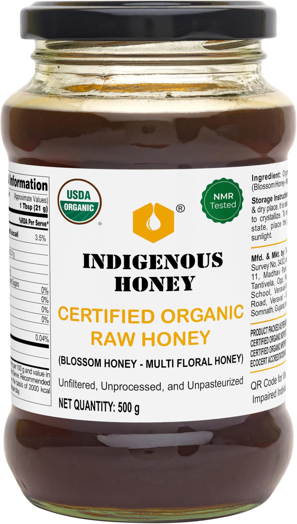 INDIGENOUS HONEY USDA Certified Organic Raw Wild Blossom Honey, Unfiltered Small-Batch Micro-Lot Harvest, Glass Jar, Single-Origin, 17.64 oz