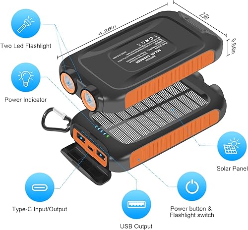 Miniatura 8 de Cargador portátil de energía solar de 20000 mAh con puerto de salida USB-A y USB-C 5V3A, paquete de batería compatible con iPhone, Samsung, iPad,