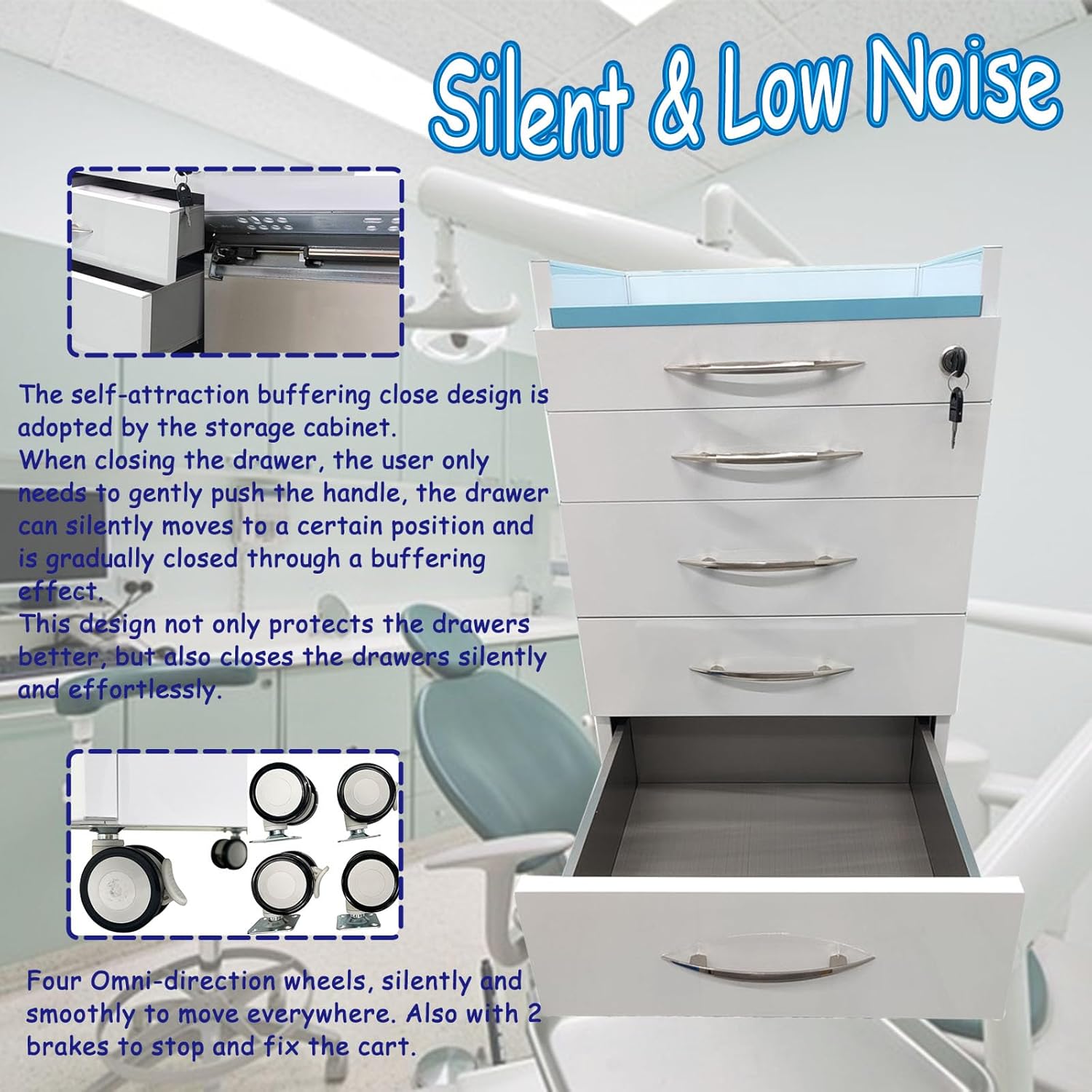 Professional Dental Storage Cabinet 4 Silent Slide Drawers Mobile Cabinet with 2 Adjustable Dividers Stainless Steel Lockable Medical Cart on Brake Wheels for Clinics/Hospitals/Home Office