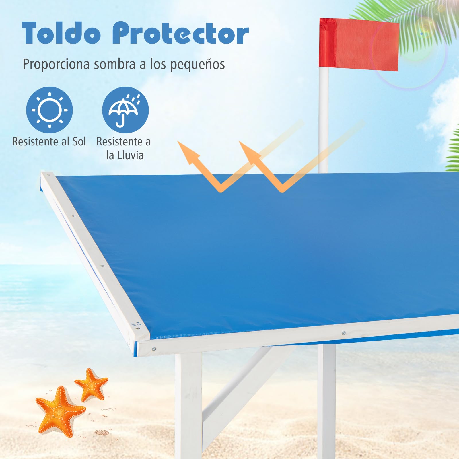 COSTWAY Arenero Infantil de Madera de Abeto con Toldo, Caja de Arena con Bandera, Timón, Asientos de Banco y Compartimentos de Almacenaje para Patio, Arenero para Niños al Aire Libre