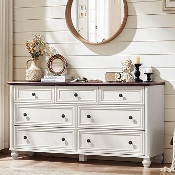 7 Drawer Chest of Drawers for Bedroom Farmhouse 54" Wide Wooden Chest of Drawers Vintage TV Stand Rustic Storage Dresser Organizer with Metal Handle Cabinet for Living Room