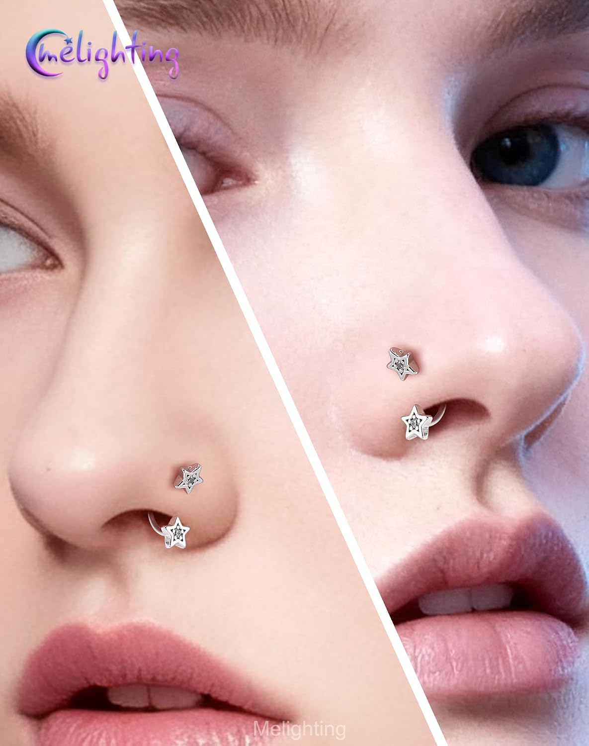 Melighting 20G Horseshoe Nose Ring Hoop, Threadless Push Pin Nose Piercing with Piercing Taper Ball Grabber Tool Set 316L Surgical Steel, Heart/Star CZ Septum Lip Helix Daith Ear Jewelry 7mm/8mm image 4