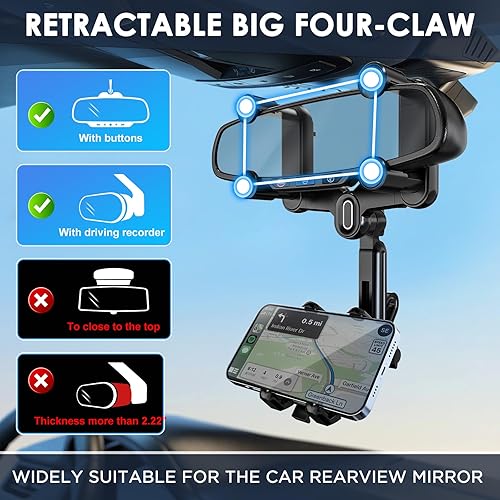 Miniatura 6 de IPOW Soporte de teléfono para espejo retrovisor grande para automóvil giratorio de 360 y retráctil, 2024 mejorado con cuatro esquinas, diseño