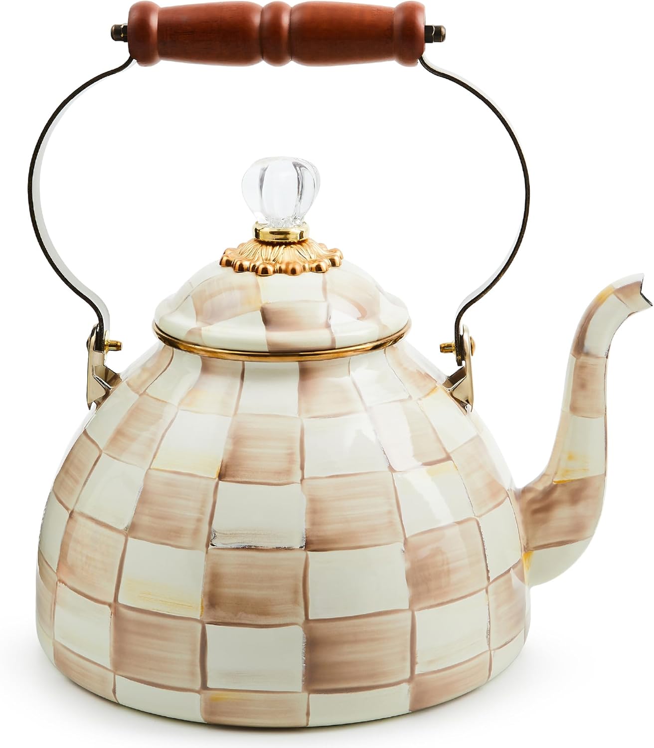 Enamel tea kettle in brown-and-white mocha check