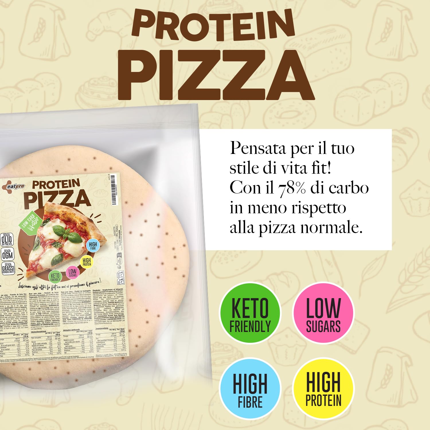 Pizza Proteica Senza Carboidrati EatPro 1 Base Pizza Keto da 180g 12% Carboidrati, 18% Protein Pizza Chetogenica, Low Carb Keto Diet Cibo Proteico, 25% Fibre, Dieta Chetogenica Prodotti