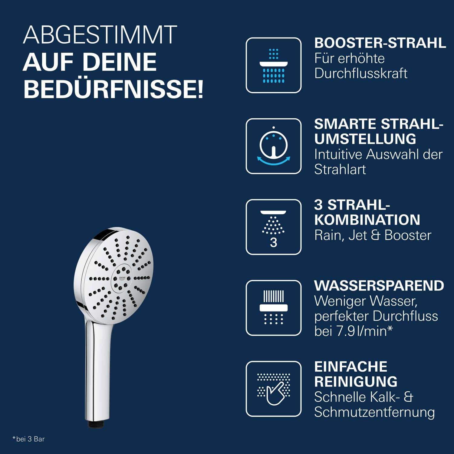 GROHE Vitalio Joy+ 120, wassersparender Duschkopf mit Boost-Funktion für mehr Strahlpower, 8l pro Min (Handbrause mit 3 Strahlarten inkl. AquaBooster, Universalanschluss), chrom, 1348640000