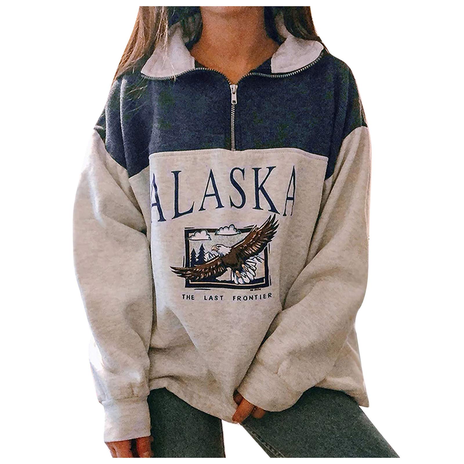 xatosQuarter Zip Pullover Women Novelty Alaska Letter Print Stand Collar Color Block Casual Long Sleeve Tops Sweatshirts