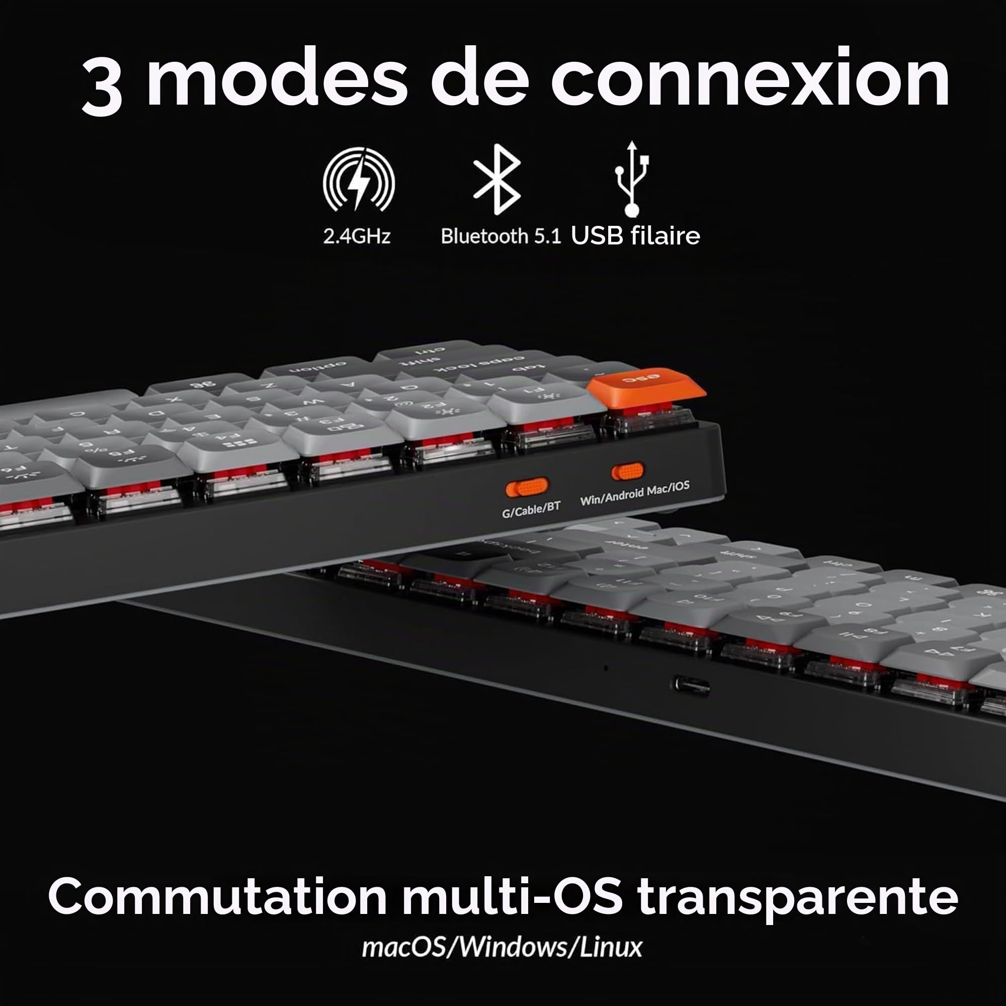 Keychron K17 Max Clavier Mécanique sans Fil Ultra-Fin, Connexion 2,4 GHz/Bluetooth/Filaire, Programmable avec QMK et Lancher, Rétroéclairage Blanc, Commutateurs Rouge pour Mac/Windows (FR Layout)