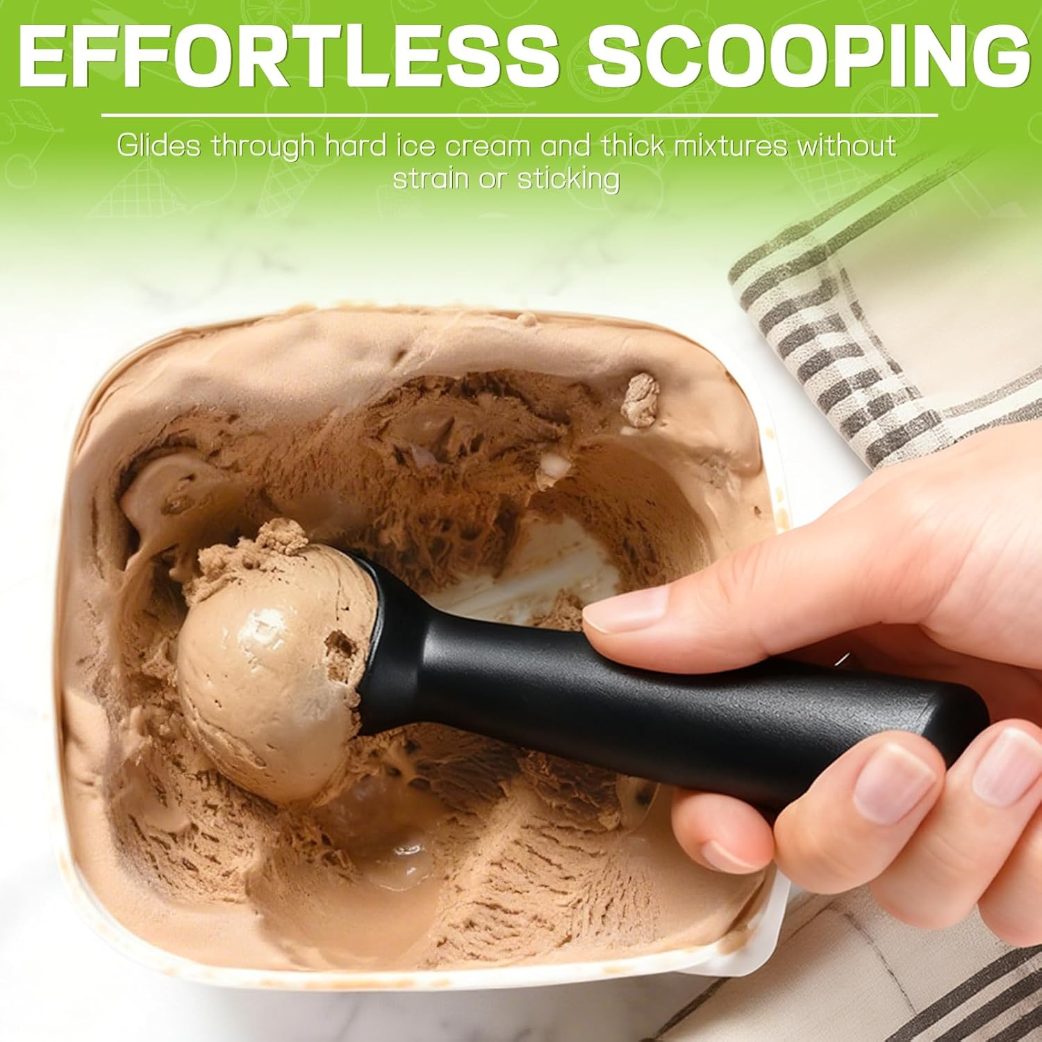 Ice Cream Scoop,Black Aluminum Ice Cream Scooper,7.3 Inches One-Piece Design Nonstick Cookie Spoon,Durable,Easy to Clean