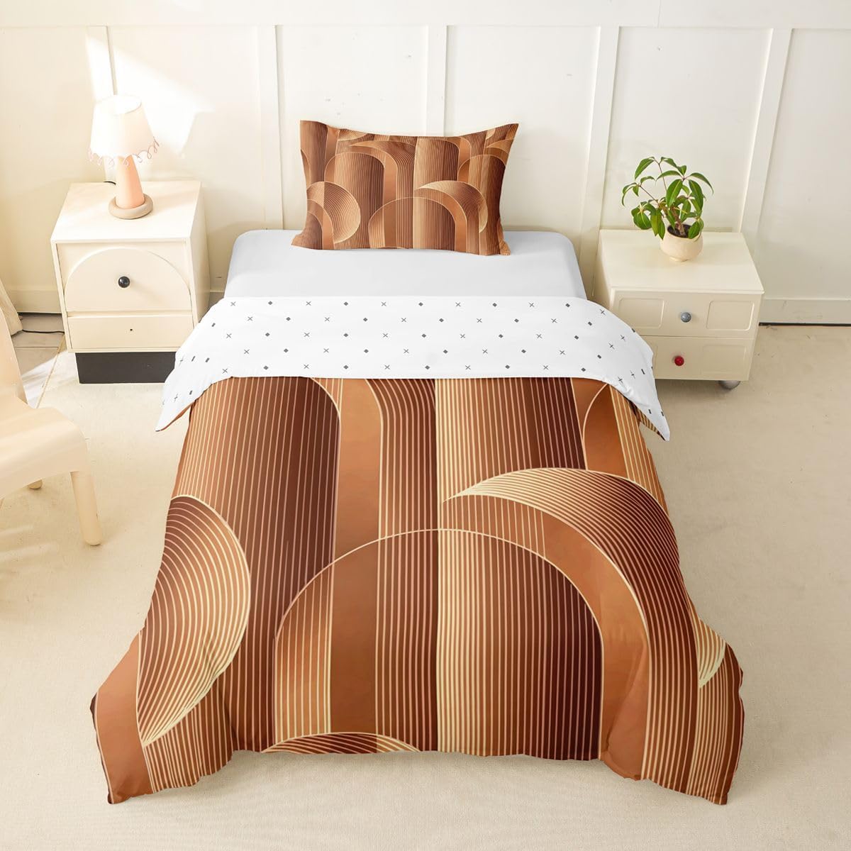 Erosebridal Geometric Toddler Comforter Cover Nordic Style Duvet Cover for Kids Teens Modern Abstract Texture Bedding Set Ombre Light Brown Bed Set