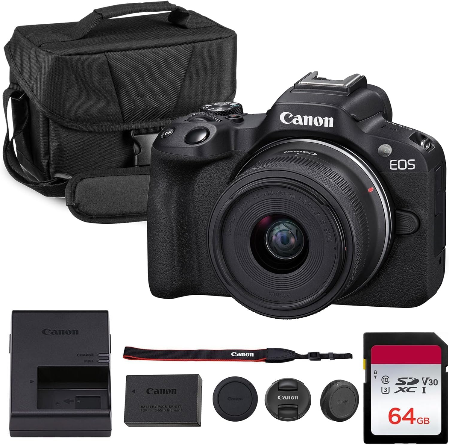 Canon EOS R50 Mirrorless Camera with 18-45mm Lens (5811C012) Bundle | For Photography & Video | APS-C Mirrorless Camera | 4K Video | Dual Pixel AF II + 64GB Memory Card + Camera Bag