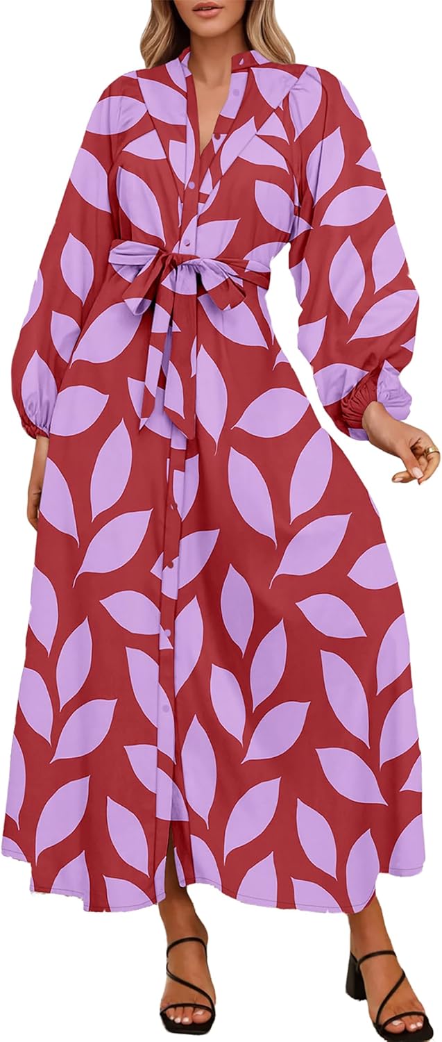 Lazysmile Maxi Dresses for Women 2025 Casual Long Sleeve Button Down Belted Boho Floral Shirt Dress with Pockets