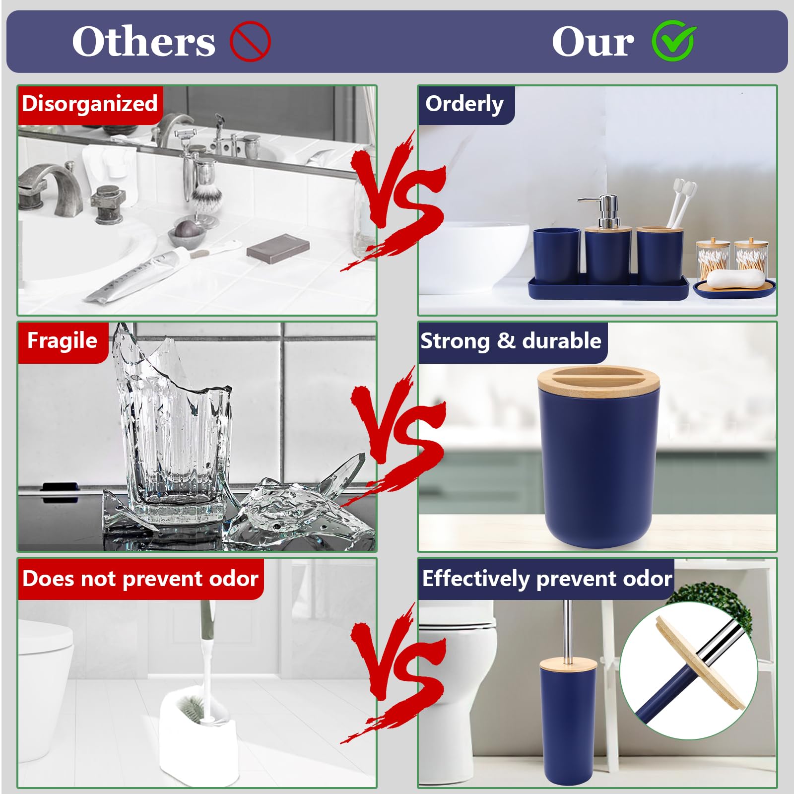 SLDIYWOW - Accesorios de baño azules, 9 accesorios de baño azul marino con cubo de basura, bandeja, dispensador de jabón, soporte para cepillos de dientes, vaso para cepillos de dientes, jabonera