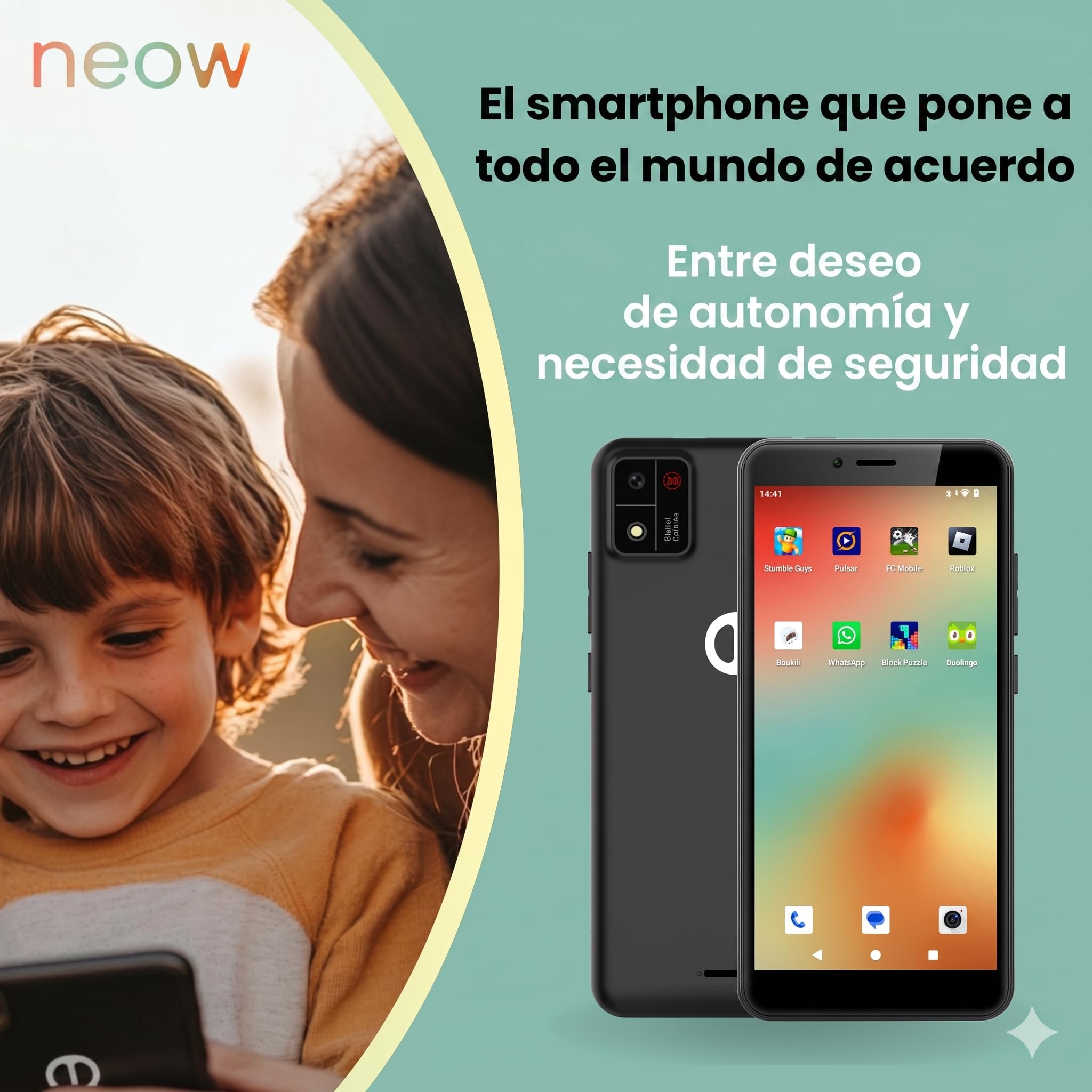 Neow Kids - Smartphone Android 14 | Smartphone para niños | Aplicaciones lúdicas preinstaladas | Google Family Link | Funda incluida