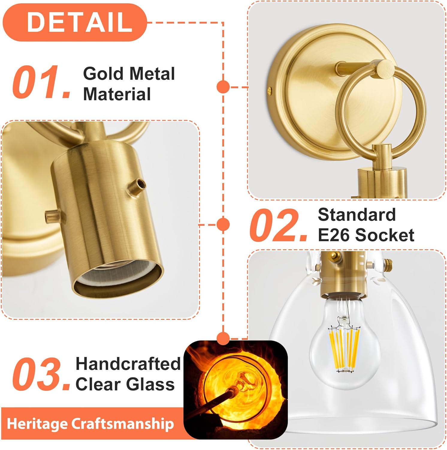 Gold Wall Sconce 1-Light Hardwired Wall Mount Modern Farmhouse Vanity Light Fixtures with 6 Inch Clear Glass Shade, Wall Lights for Bathroom, Bedroom, Living Room, Mirror, Kitchen, 1 Pack