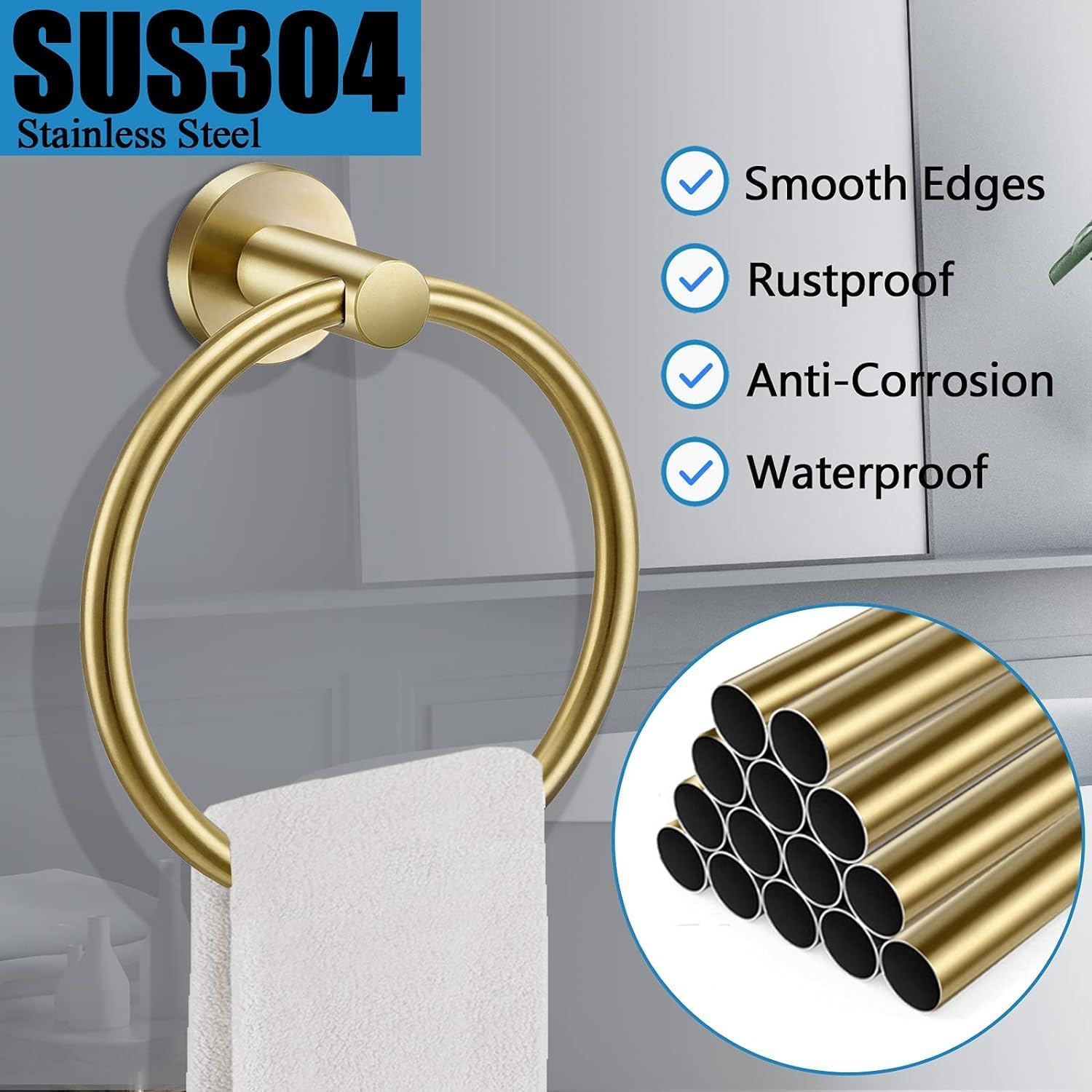Brushed Gold Stainless Steel Wall Mounted Towel Ring Set