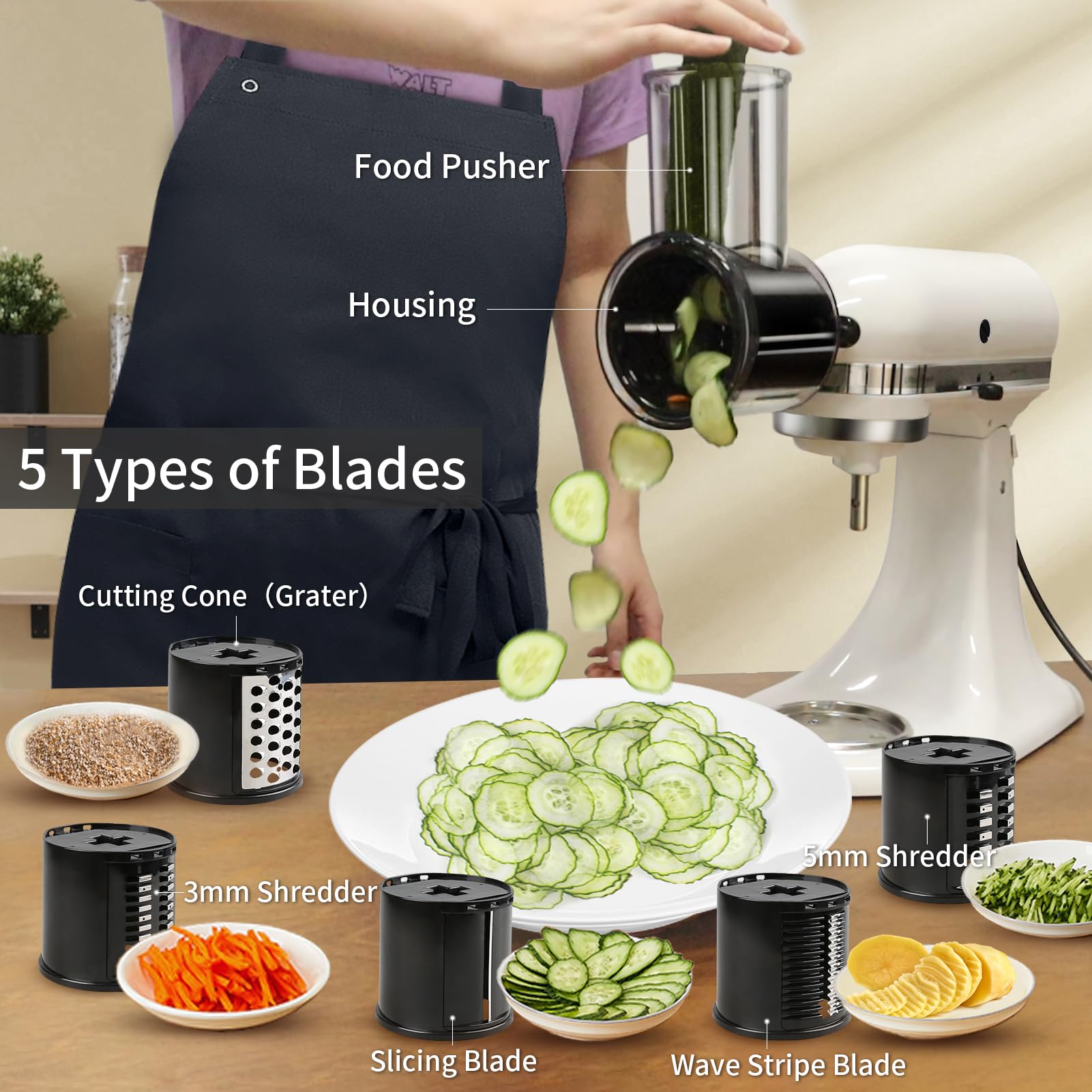 Slicer Shredder Aufsätze für KitchenAid Standmixer, Käsereibe, Salatbereiter, Gemüseschredder, Lebensmittelschneider, Zerkleinerer, Mahlpulver-Zubehör mit verbesserten 5 Klingen