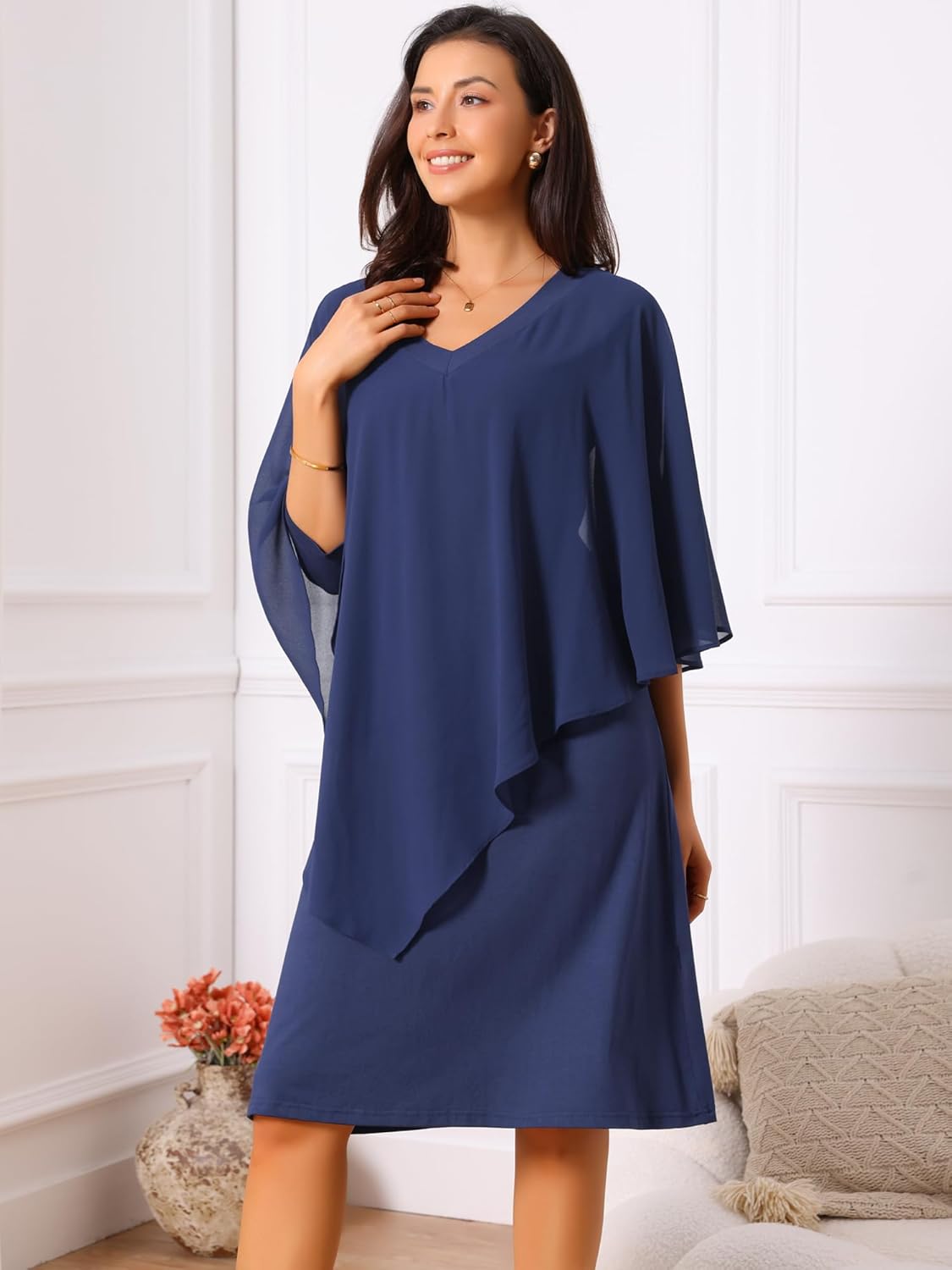 Seta T Women's Fall Dresses 3/4 Sleeve V Neck Chiffon Cape Overlay Knee Length Pencil Dress for Wedding Guest - Image 3