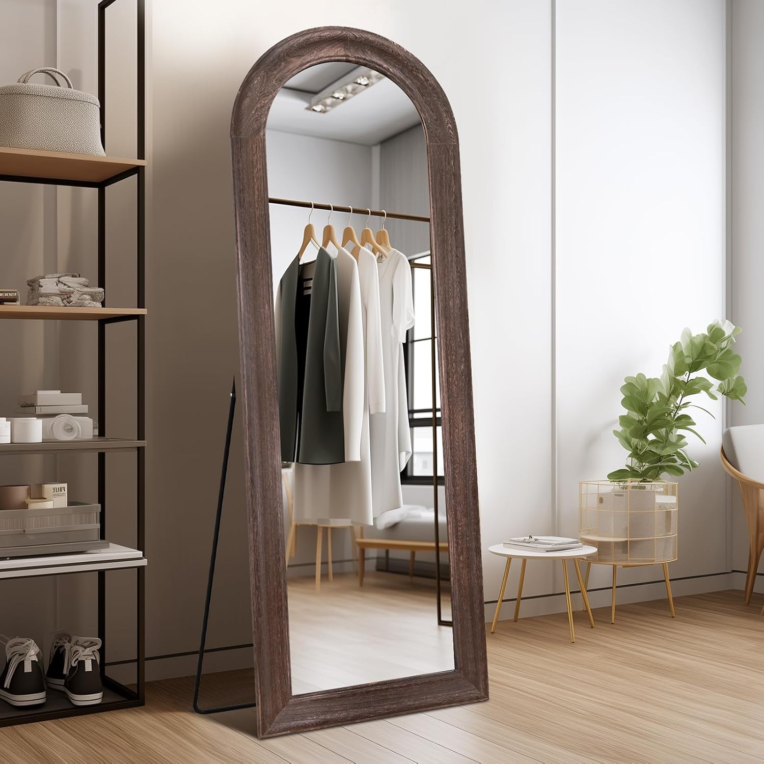 Arched Full Length Mirror 71" - Rustic Brown Solid Wood Wall Mirror,