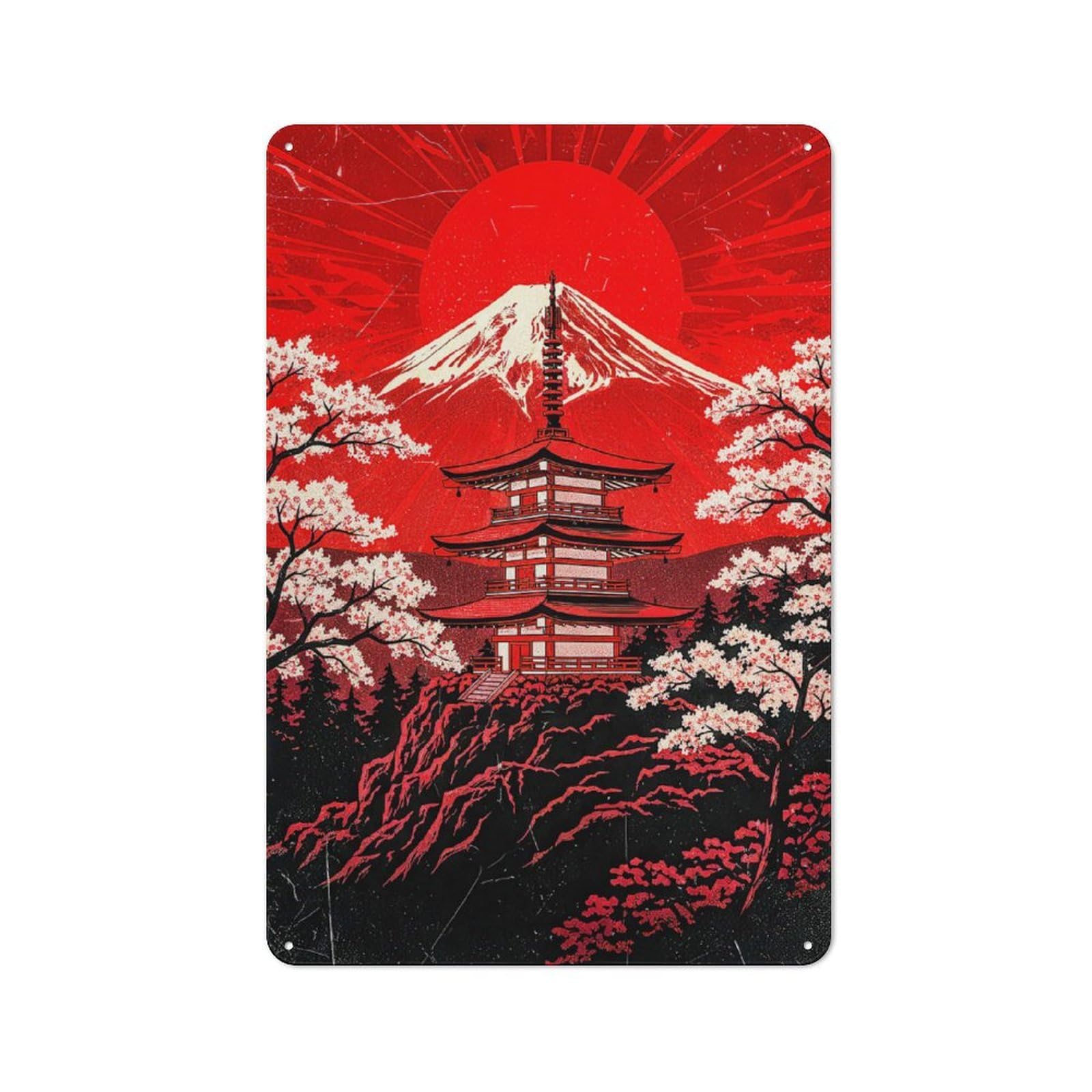 Junmoney Style-11 Tin Wall Plaque 30X20cm With Mount Fuji Pagoda Cherry Blossoms For Hobby Room Or Studio, For Kitchen, Dining Room And Home Bar Wall Decor