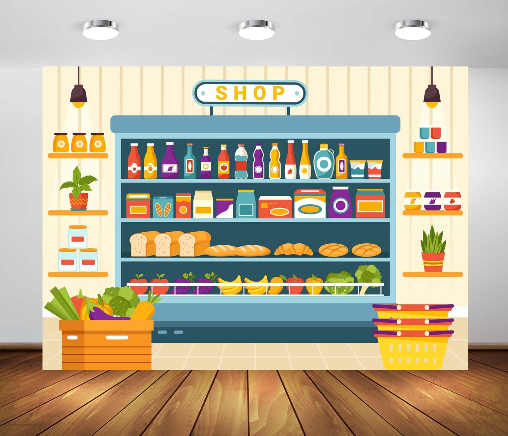 BELECO 6x3m Telo sfondo negozio di alimentari | Scaffale supermercato verdure frutta bevande sfondo tema shopping decorazione compleanno accessori foto