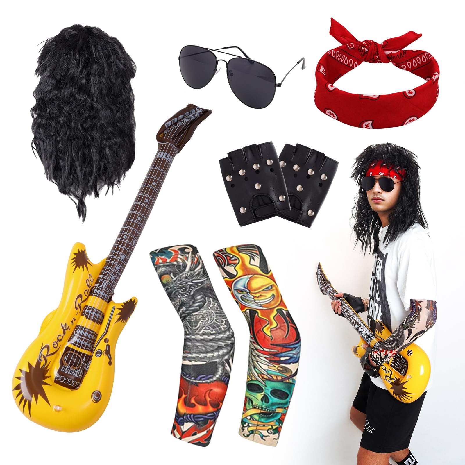 GvhntkHalloween 80s Rocker Costume Set for Men Hippie Wig Tattoo Sleeve Gloves Headband Inflatable Guitar Punk Props Accessories