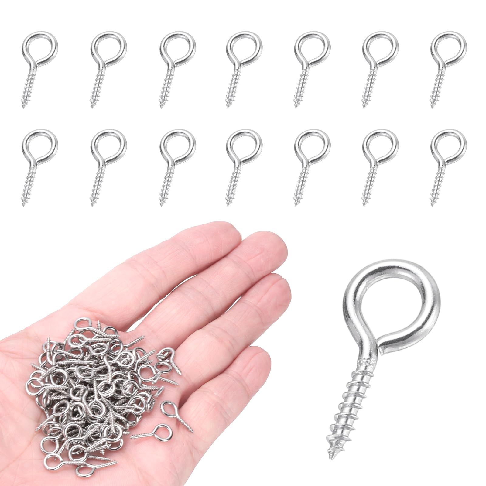 sourcing map 200Pcs Screw Hooks Eyes, M1.4x15mm 304 Stainless Steel Small Eye Bolts Screw, Self Tapping Eye Bolts Closed-End for DIY Handwork Wooden Clay Pendants Cork Bottles, Silver Tone
