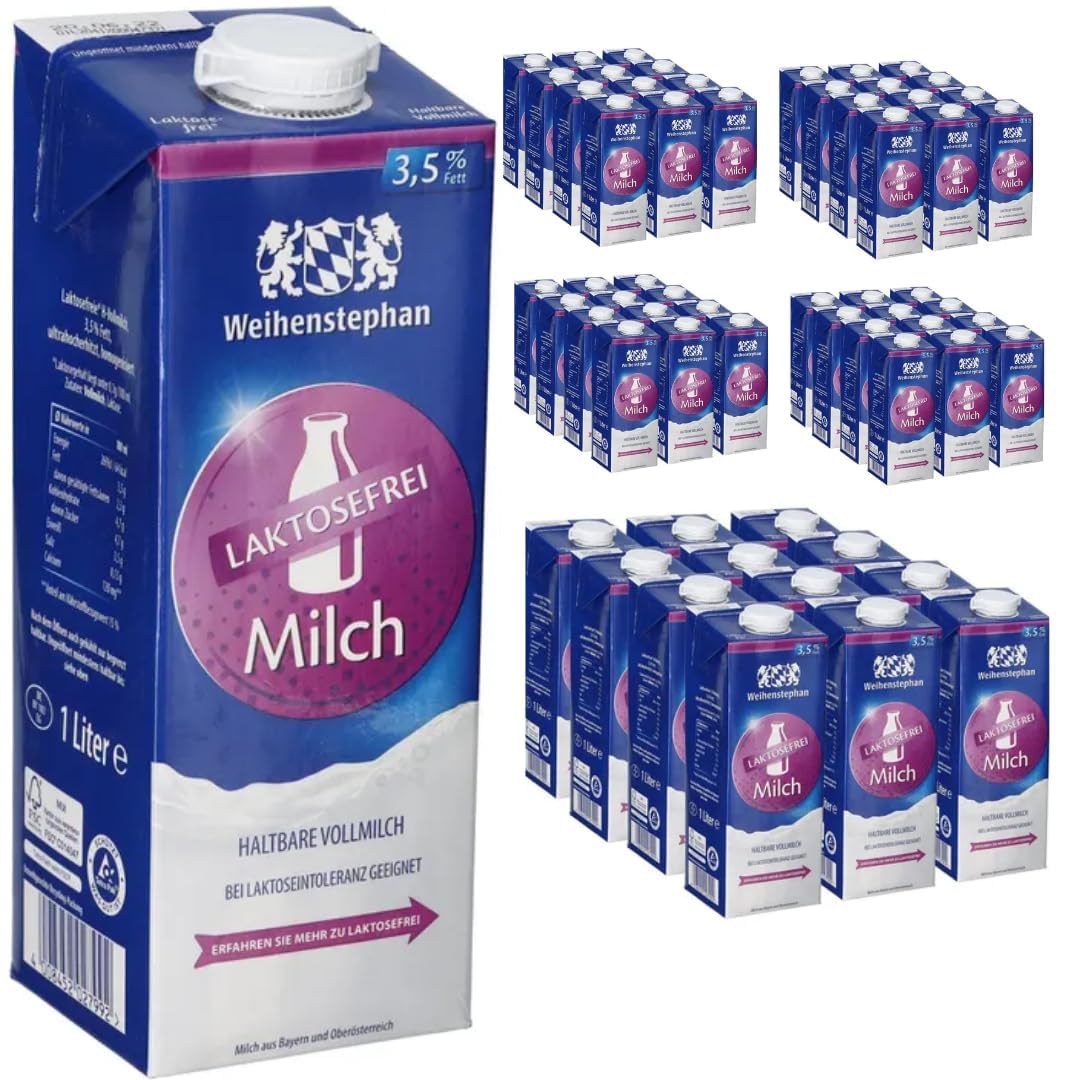 Milch Weihenstephan fettarme H-Milch 3,5% Fett laktosefrei, je 1 Liter, 60 Stück mit Pufai Grocery