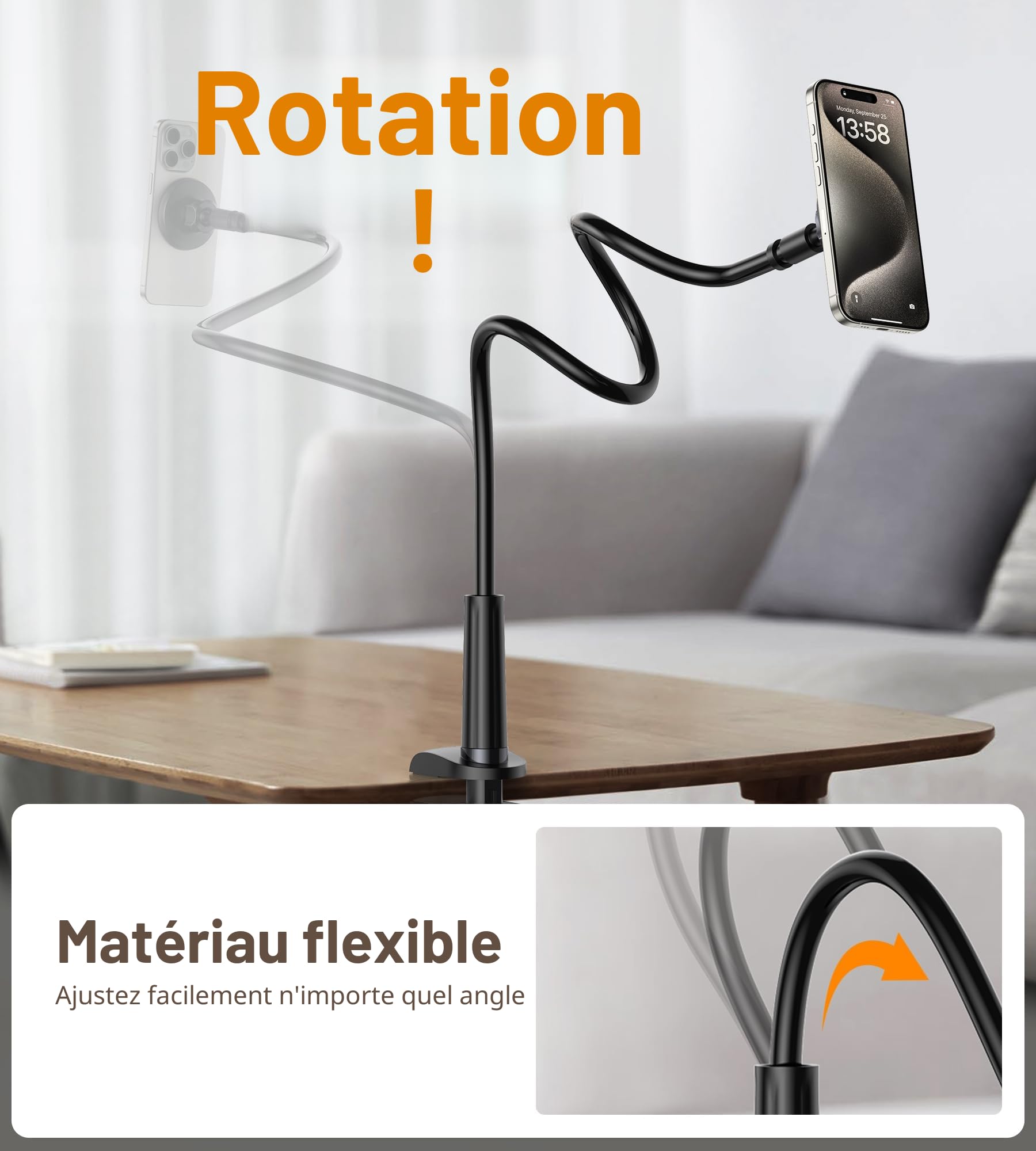 Support Téléphone Lit Réglable Pivotant 360° Col de Cygne Mag-Safe avec Anneaux Métal pour iPhone 17 16 15 14 13 12 Pro Max Plus