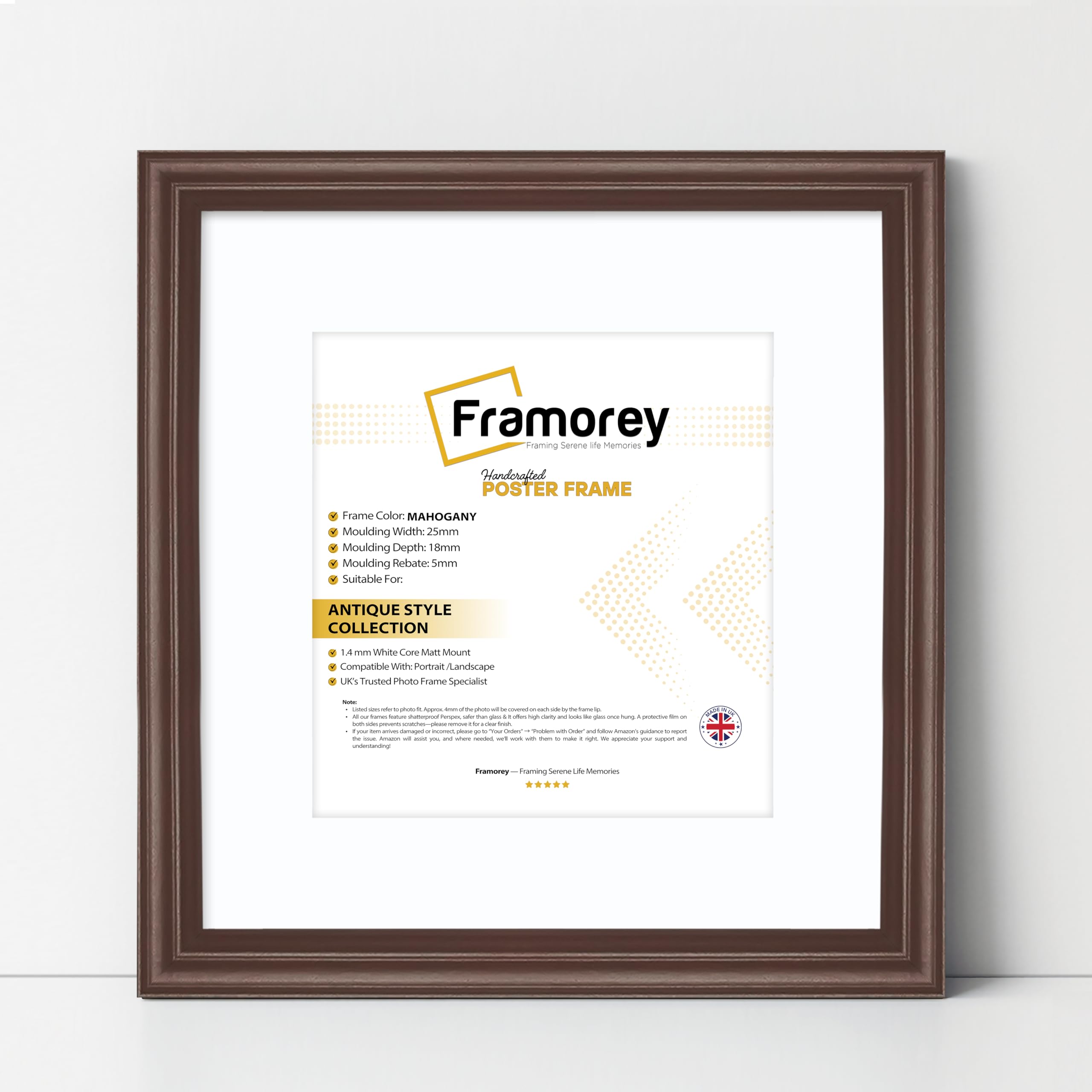 FRAMOREY Square Photo Frame, 45x45CM Mahogany With 35x35CM White Mount, Antique Style Wall Hanging Art Poster Frame, MDF Wood, LW Home Wall Decor