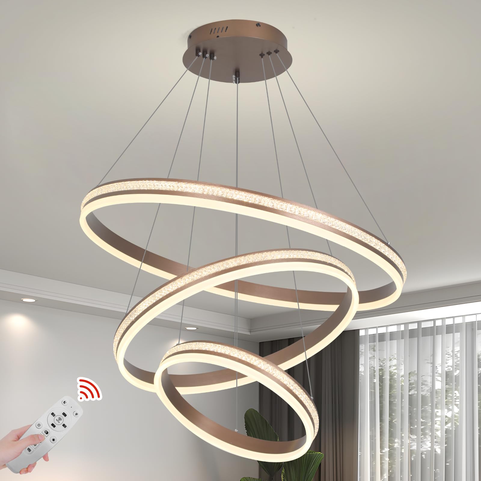 YT YATAI LIGHTING Modern Led Chandelier,Remote Control 3 Rings Contemporary Led Chandelier Circular Pendant Light, Black Dimmable Hanging Ceiling Light Fixture for Living Dining Room,210W