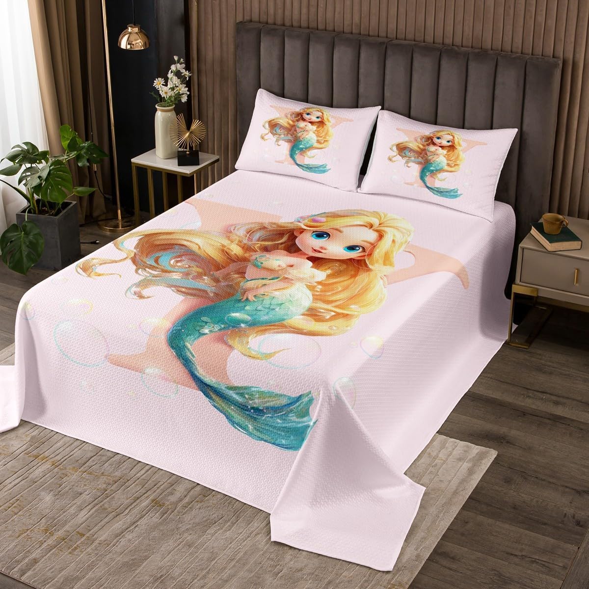 Erosebridal Cute Mermaid Quilt Set Queen Personalized Initial J Coverlet Set,Pink Monogrammed Bedspreads Fairy Dreamy Princess Bedding Sets Bedroom Decor