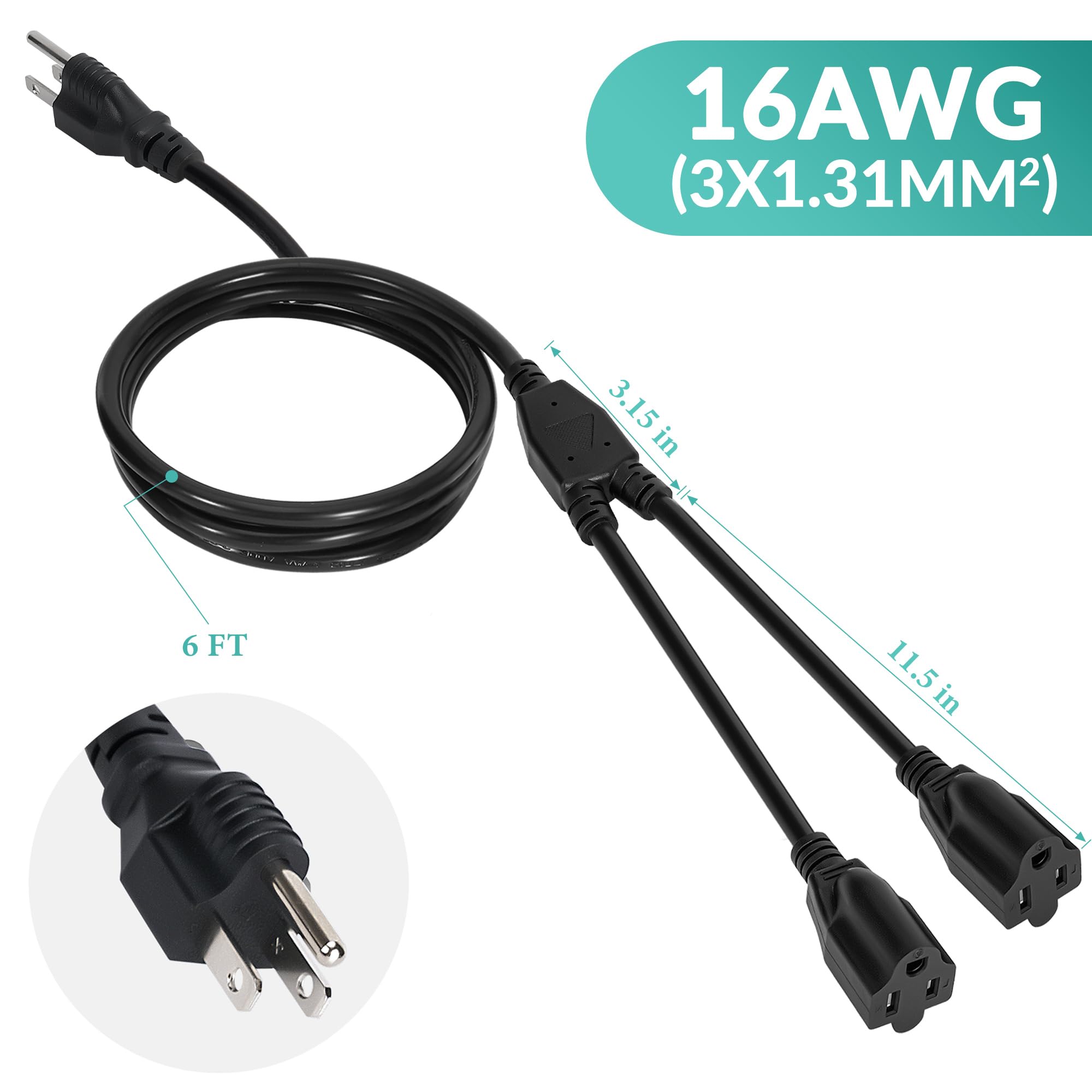 2 Way Power Cord Splitter Cable-3 Prong 1 to 2 Extension Cord-Outlet Saver-Elecan Male to Female Y Splitter Power Extension Cable Strip–UL Certified SJTW 16 Gauge 13 A/125 V–1.2 Feet Black