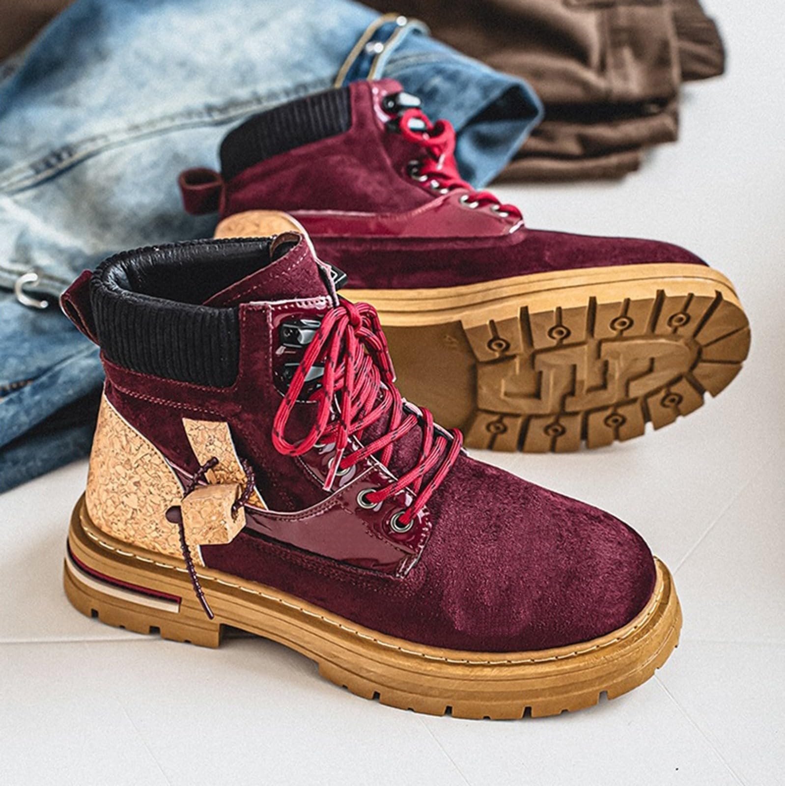 Męskie masywne zamszowe botki z dzianiny kołnierz na co dzień botki retro sznurowane modne trampki do streetwear spacerów
