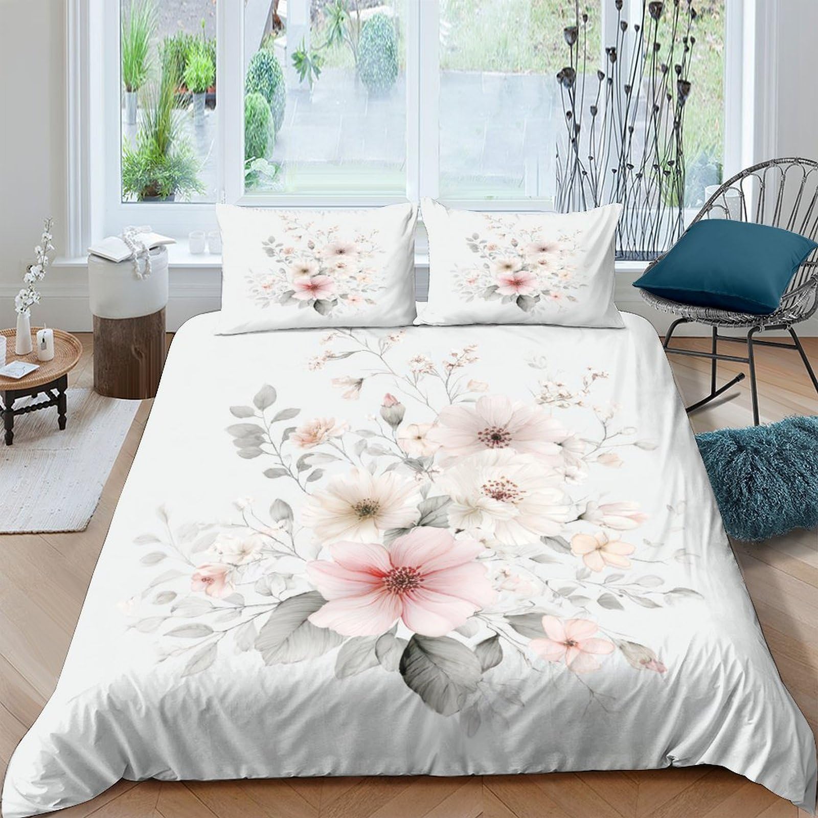 GPLZQXKJNH 3D Printed Floral Watercolor Duvet Cover Microfiber Soft Breathable Blossom Bedding Set with 2 Pillowcases for Bedroom Decor Single（135x200cm）